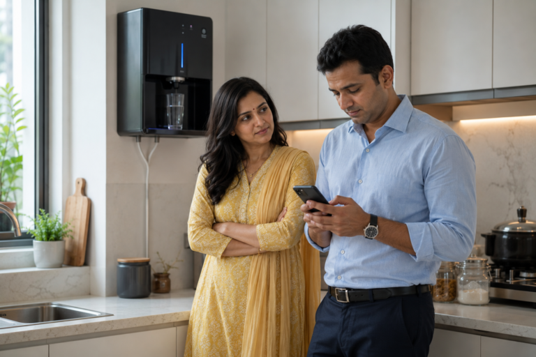RO purifier ownership costs in India — couple checking RO unit in kitchen